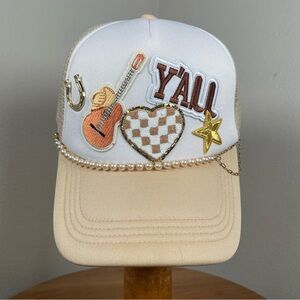 NEW cream and tan multi-patch trucker hat with a "Y'ALL" patch decorative chains